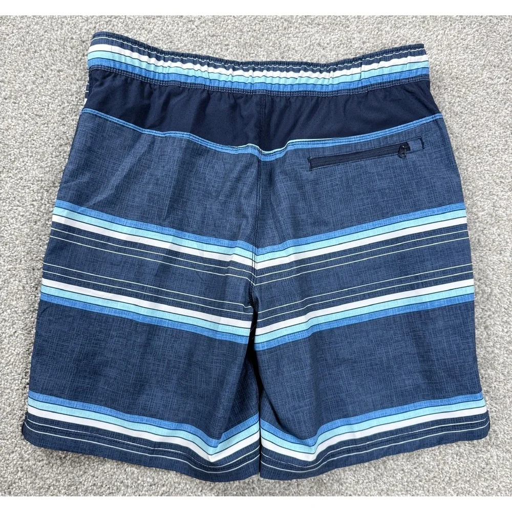 Speedo Mens Small Board Shorts‎ Blue Striped Swim Trunks Stretch Zip Pocket